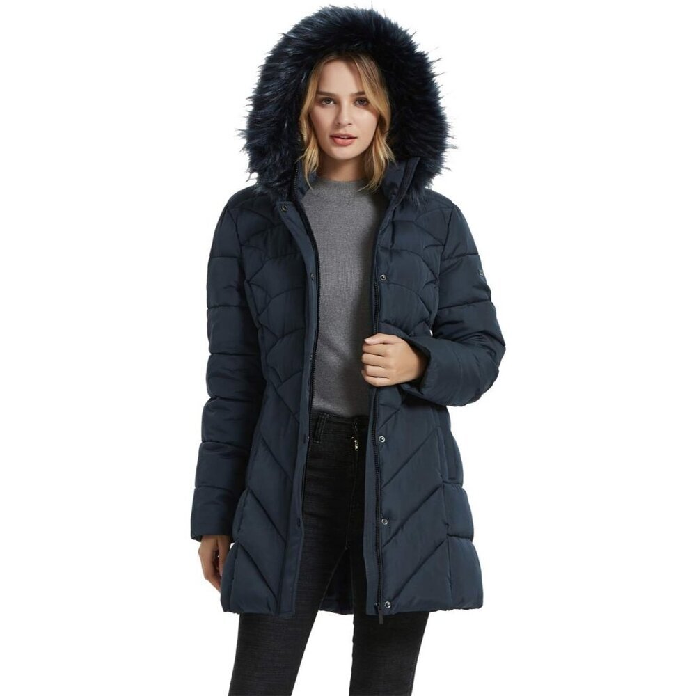 Women's Winter Warm Faux Fur Outwear Zipper Pockets Navy Hooded Jacket Coat
